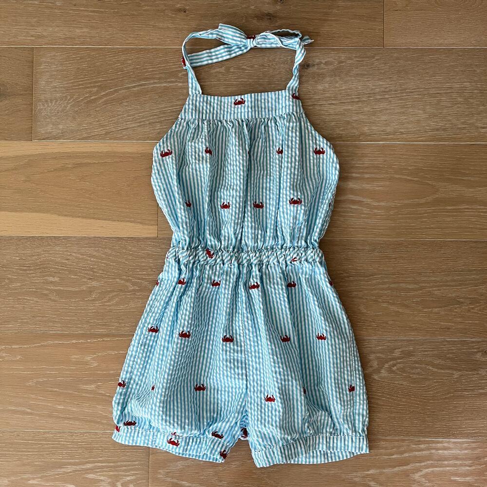 Kelly's Kids Shorts Romper Blue White Striped Lobsters Seersucker 14/16